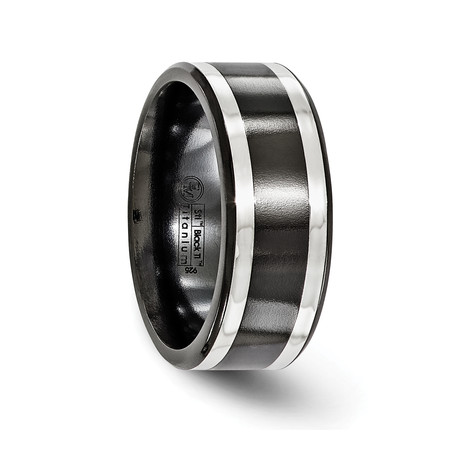 Black Titanium Ring + White Gold Inlay (Size 8)