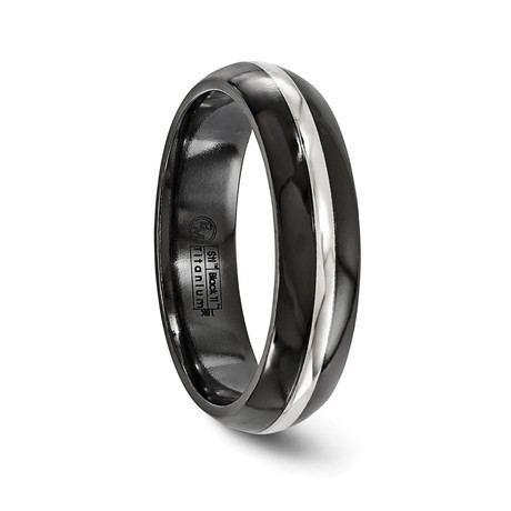 Black Titanium Domed Ring + White Gold Stripe (Size 7)