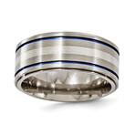 Anodized Titanium Ring + Silver Band + Blue Grooves (Size 8)