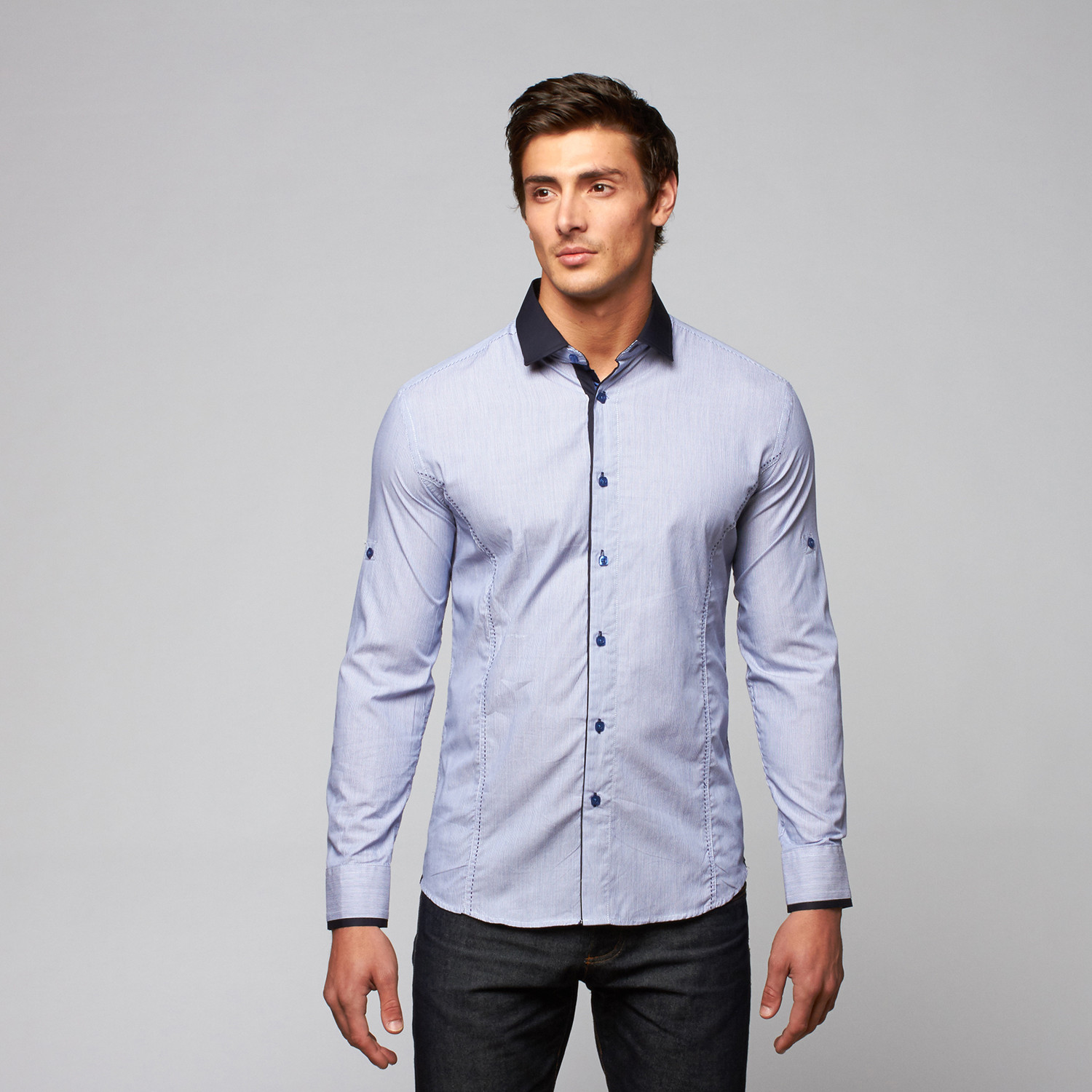 Contrast Collar Pinstripe Shirt // Navy (XL) - Fashion Clearance ...