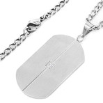 Crucible Stainless Steel Grooved Cubic Zirconia Dog Tag Pendant Necklace // Silver + Clear // 24"