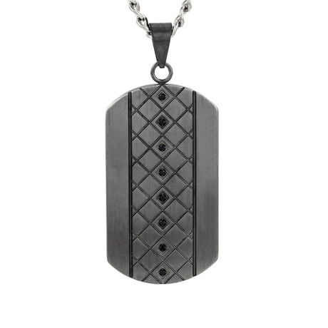 Crucible Stainless Steel Gunmetal Grooved and Black Cubic Zirconia Dog Tag Necklace