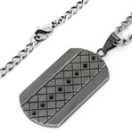 Crucible Stainless Steel Gunmetal Grooved and Black Cubic Zirconia Dog Tag Necklace