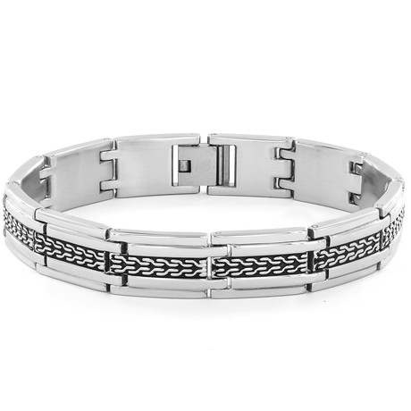 Crucible Stainless Steel Black Plate Intricate Woven Inlay Bracelet