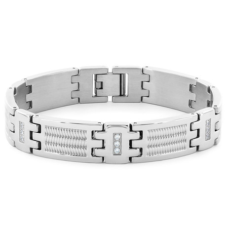 Crucible Stainless Steel Cubic Zirconia Textured Link Bracelet