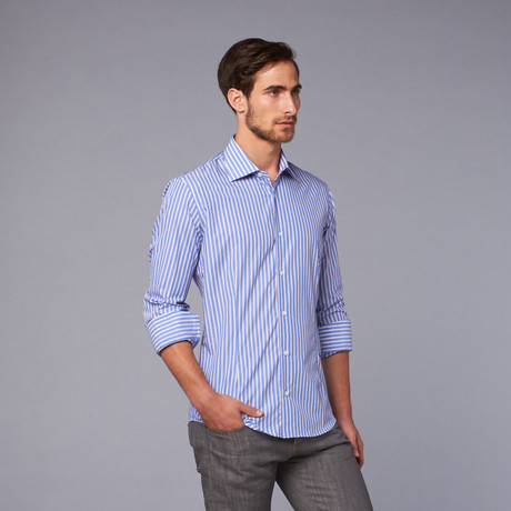 Woven Cutaway Collar Striped Shirt // Blue + White (US: 39)