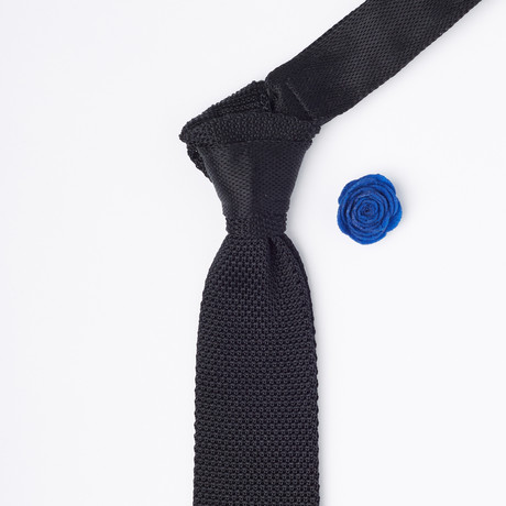 Silk Knit Tie + Lapel Button Set // Black