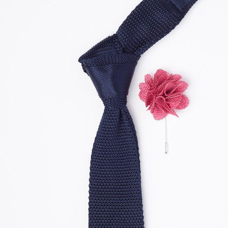 Silk Knit Tie + Flower Lapel Set // Navy