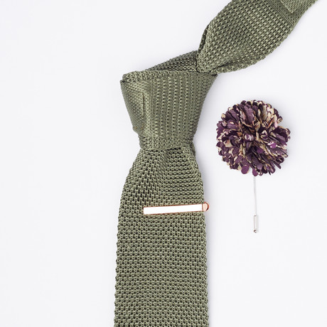 Silk Knit Tie + Lapel Flower + Tie Clip Set // Army Green
