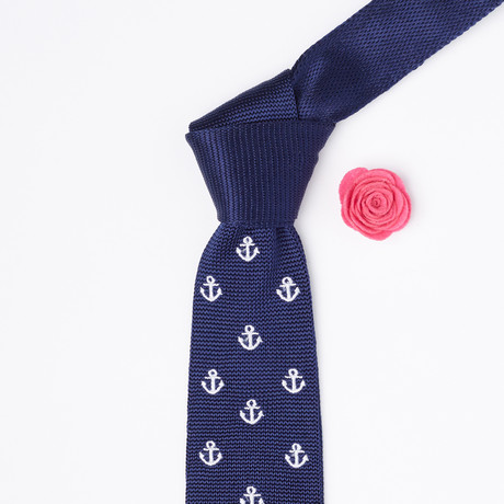 Silk Knit Tie + Lapel Button Set // Navy Anchor