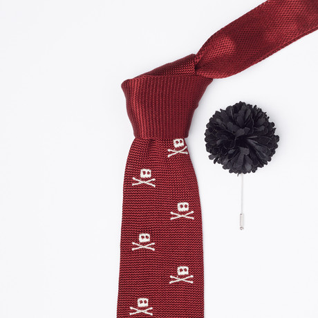 Silk Knit Tie + Lapel Flower Set // Burgundy Skulls