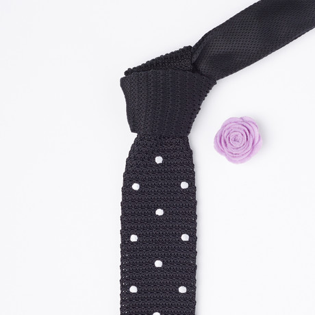 Knit Tie + Lapel Button Set // Black + Polka Dot