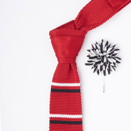 Knit Tie + Lapel Flower Set // Red + White
