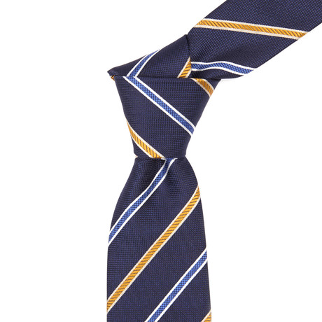 Italian Silk Tie // Dark Blue + Yellow + Blue Patterned Stripe