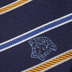 Italian Silk Tie // Dark Blue + Yellow + Blue Patterned Stripe
