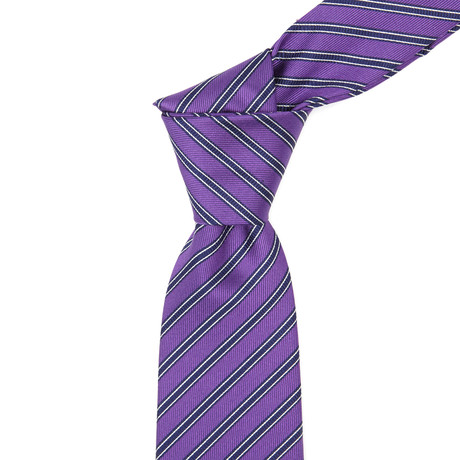 Italian Silk Tie // Purple + Black + White Stripe