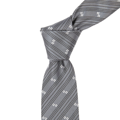 Italian Silk Tie // Dark Grey + Black + White Patterned Stripe