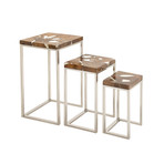 Stainless Steel Teak Wood Nesting Tables // Set of Three