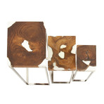 Stainless Steel Teak Wood Nesting Tables // Set of Three