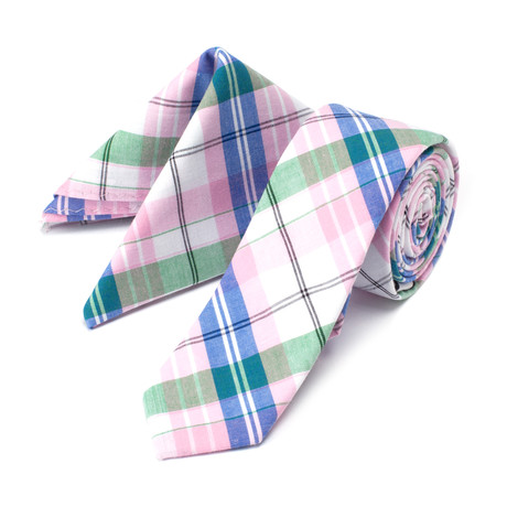 Plaid Tie + Pocket Square // Blue + Light Pink + Green