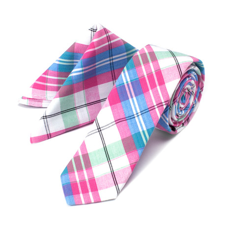 Plaid Tie + Pocket Square // Blue + Pink + Green