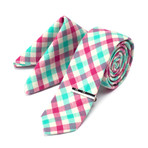 Plaid Tie + Pocket Square + Tie Clip // Green + Pink