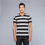 Lacoste // Stripe V-Neck Tee // Noir + Gris (L)