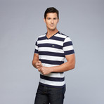 Lacoste // Stripe V-Neck Tee // Marine + Blanc (2XL)