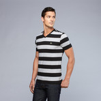 Lacoste // Stripe V-Neck Tee // Noir + Gris (L)