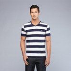 Lacoste // Stripe V-Neck Tee // Marine + Blanc (2XL)