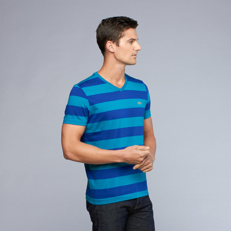 Lacoste // Stripe V-Neck Tee // Teal + Navy (S)