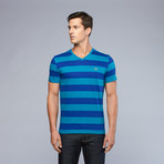 Lacoste // Stripe V-Neck Tee // Teal + Navy (L)