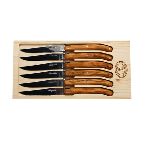 Olive Wood Steak Knives in Open Wood Box