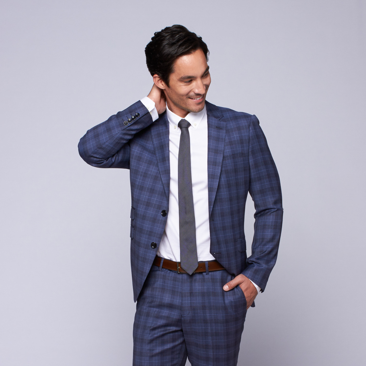 Wool Two-Button Slim Fit Suit // Blue Plaid (US: 34R / 28” Waist