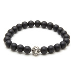 Sterling Silver Head of Lion + Matte Onyx Charm Bracelet (15 - 15.9cm)