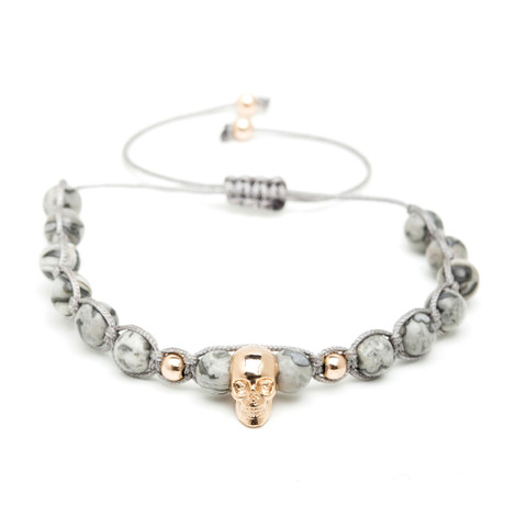 Atolyestone // 18kt Rose Gold Skull + Grey Jasper String Bracelet (15 - 15.9cm)