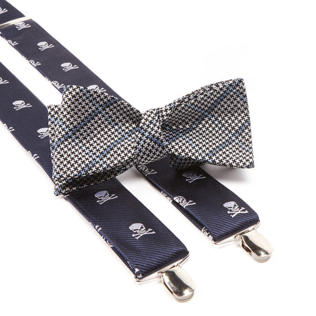 Tigertooth Grid Bow Tie + Skull and Crossbone Suspenders