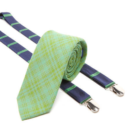 Neon Plaid Tie + Road Horizontal Stripe Suspenders