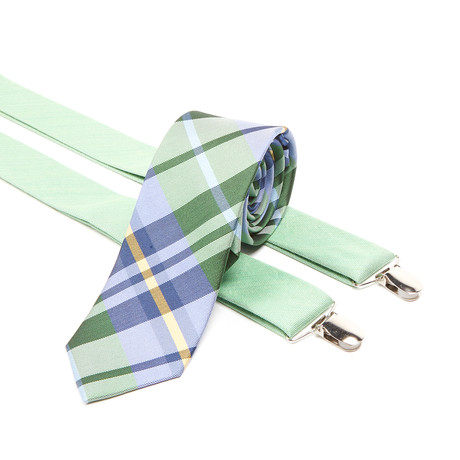 Wow Plaid Tie + Sand Wash Solid Suspenders