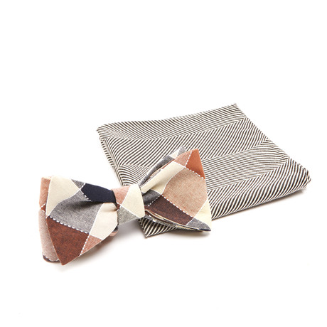 Winston Check Bow Tie + Stepped Wool Pocket Square