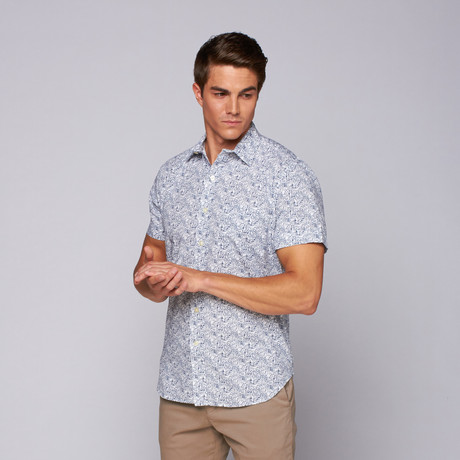 Naked Truth Small Print Short Sleeve Button Up // Blue (S)