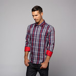 Button Up Shirt // Red + Navy Plaid (M)