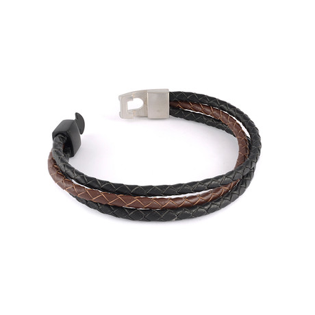 Black + Brown Leather Steel Bracelet