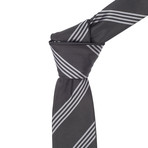 Reversible Tie + Silver Tie Bar Set // Black + Grey Diagonal Stripe