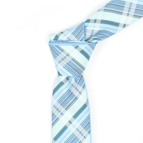 Reversible Tie + Silver Tie Bar Set // Light Blue Textured Plaid