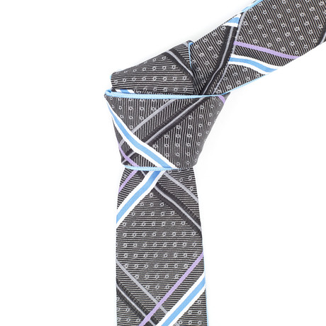 Reversible Tie + Silver Tie Bar Set // Charcoal Multi Plaid