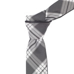 Reversible Tie + Silver Tie Bar Set // Black, White + Charcoal Plaid