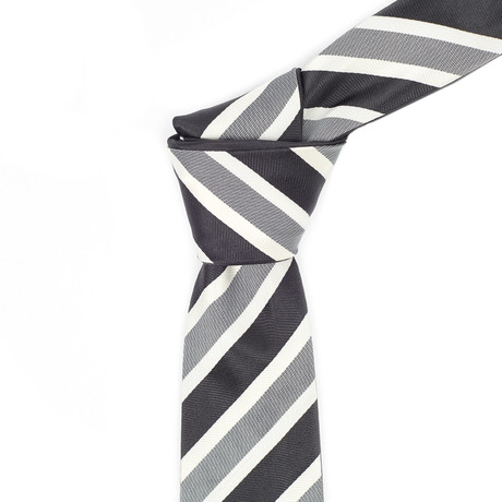 Reversible Tie + Silver Tie Bar Set // Black, Grey + White Stripe