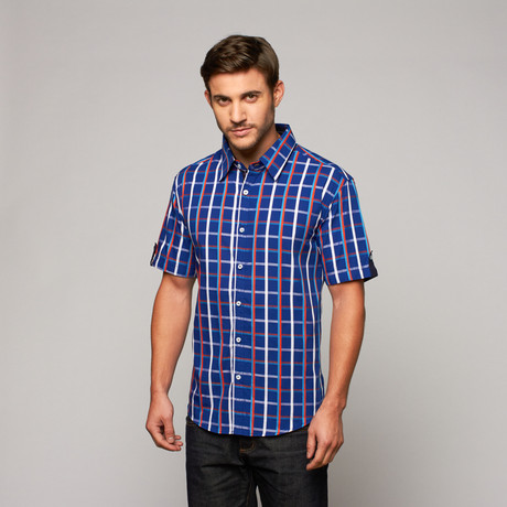 Plaid Button Up // Navy + Orange (XL)