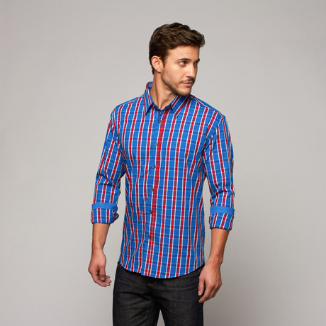 French Plaid Button Down // Blue + Red (S)